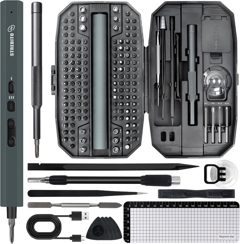 STREBITO Electric Screwdriver 155 in 1 Mini Electric Screwdriver Set, Max 5 N.m, 140 S2 Magnetic Bits, 3 Torque Settings, 650mAh Power Screwdriver Cordless Rechargeable, Repair Tool Kit for PC Phone - Image 1